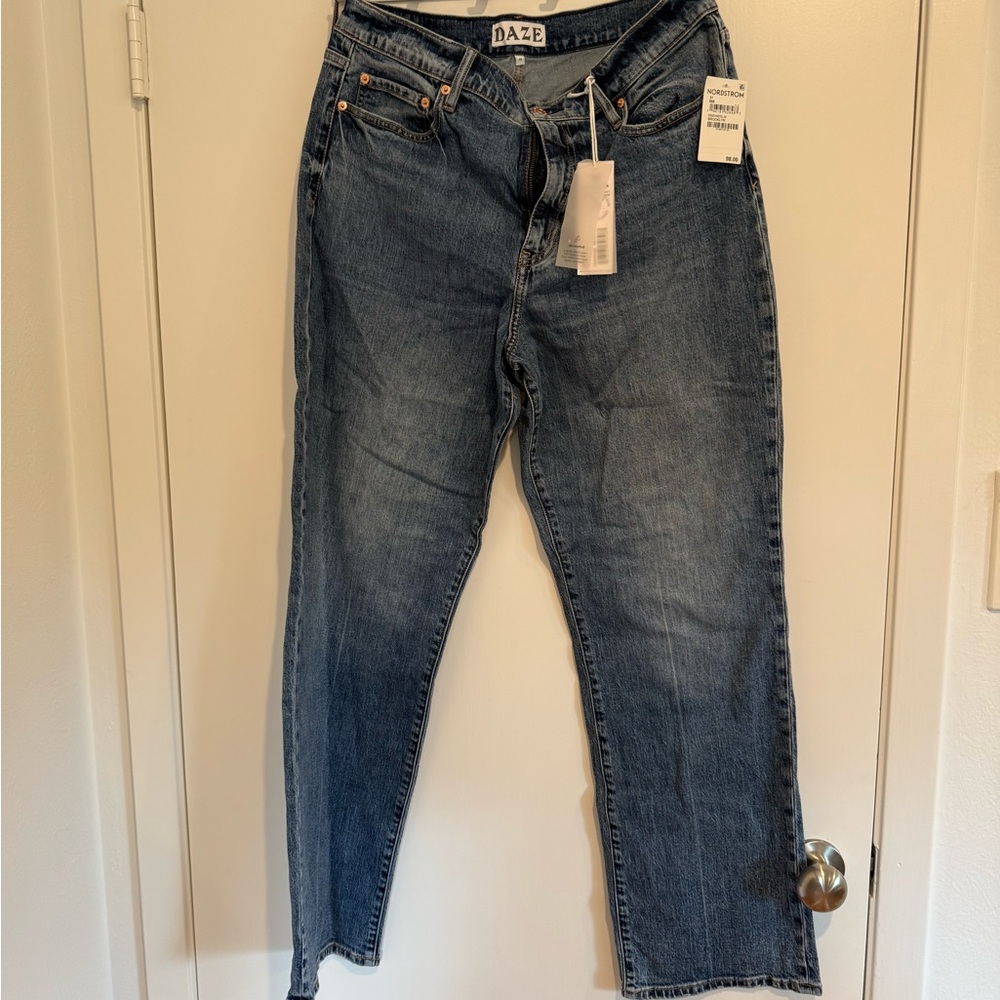 Blue Wide Leg Flare Jeans with Distressed Look